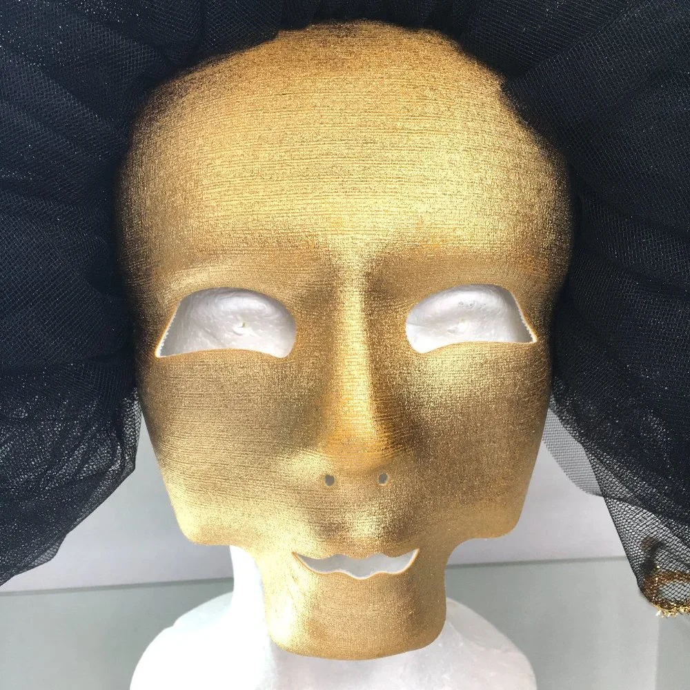 Vintage Venetian Gold Fabric Mask w/ Blk Net Ruffles NOS NWOT